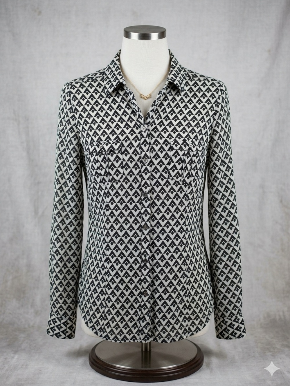 White House Black Market Black and White Geometric Button-Down Shirt